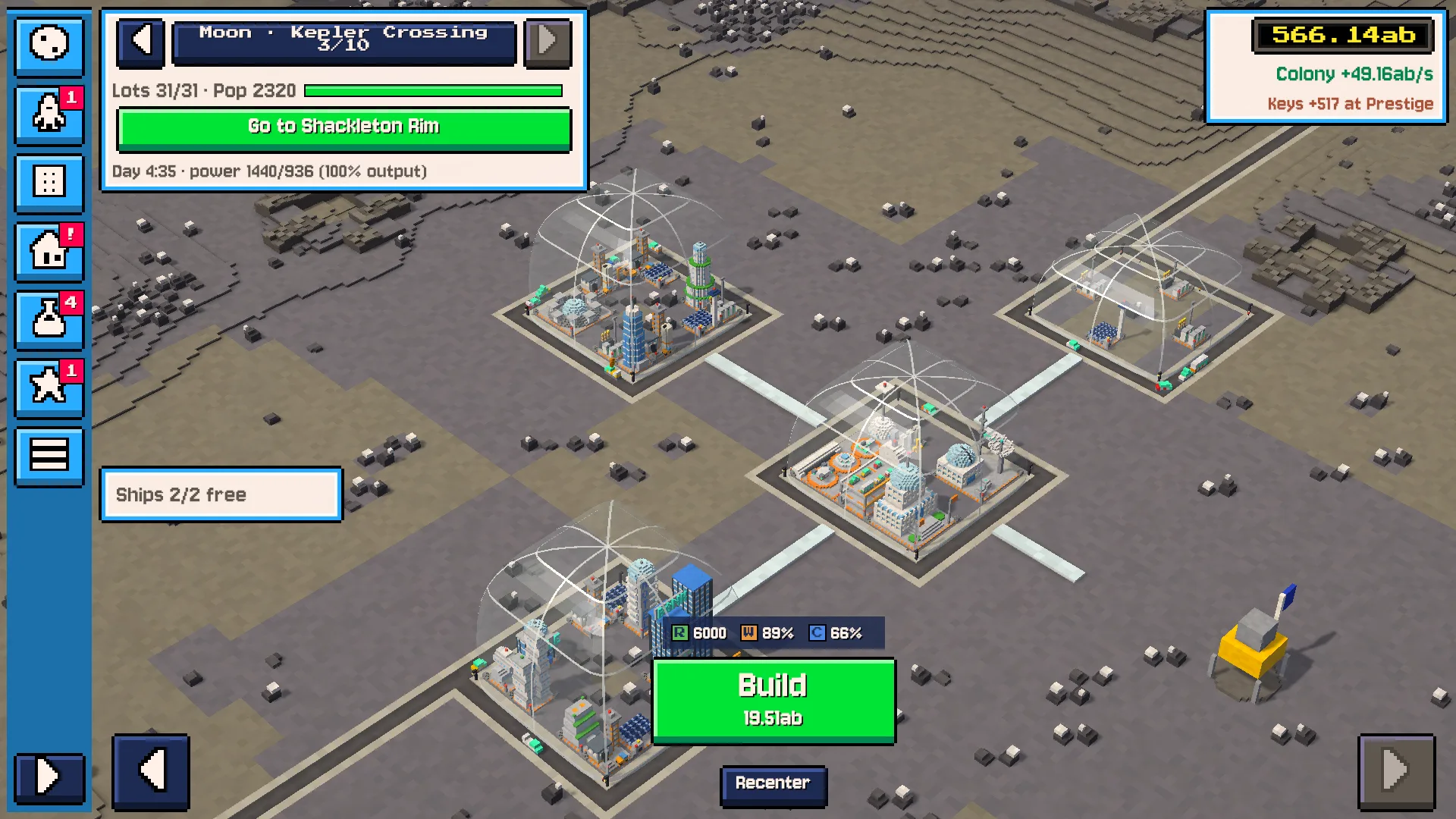 Bit Universe: a colony on the Moon, with the in-game interface