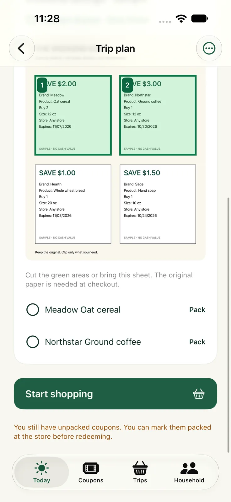 ClipCue on iPhone: the two coupons to bring, highlighted on the original sheet
