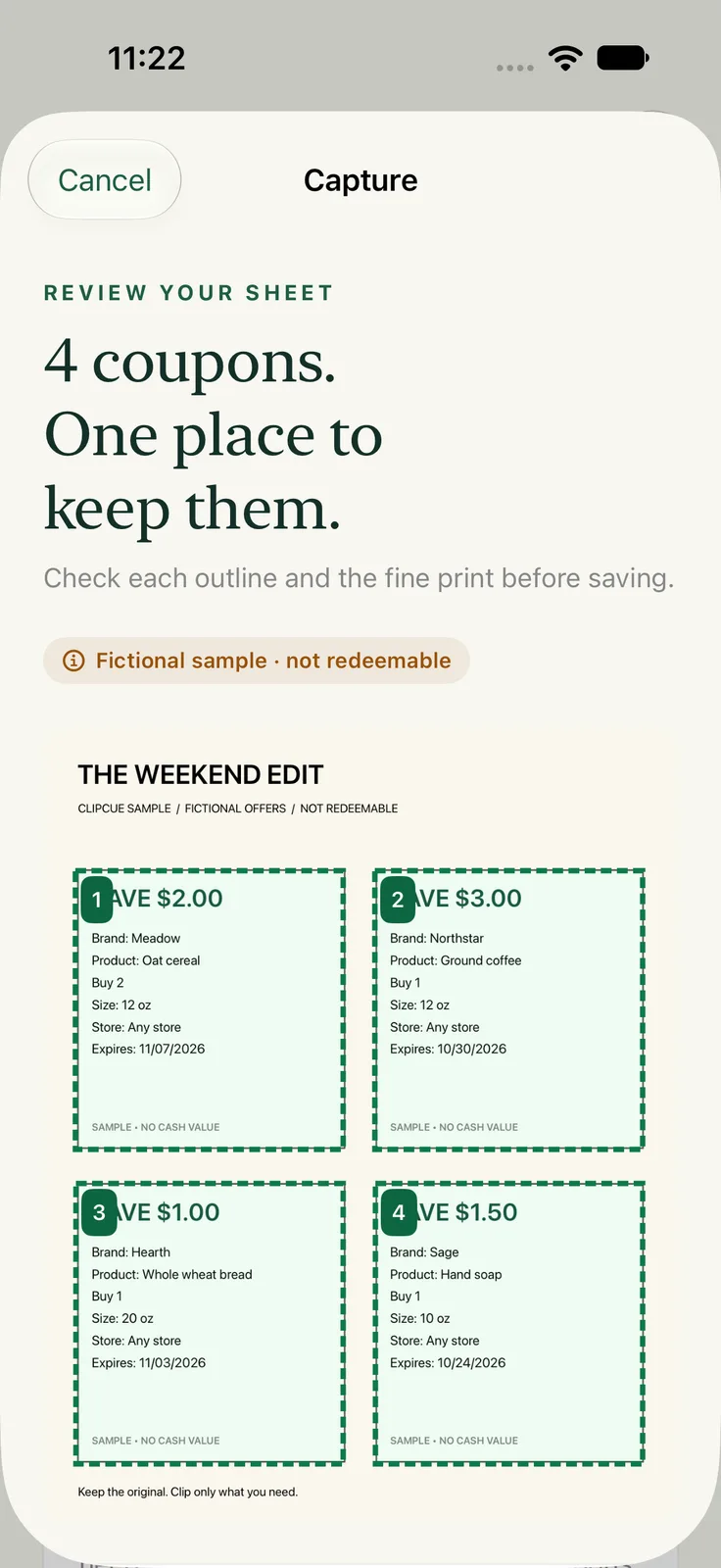 ClipCue on iPhone: reviewing four coupons found on one scanned sheet