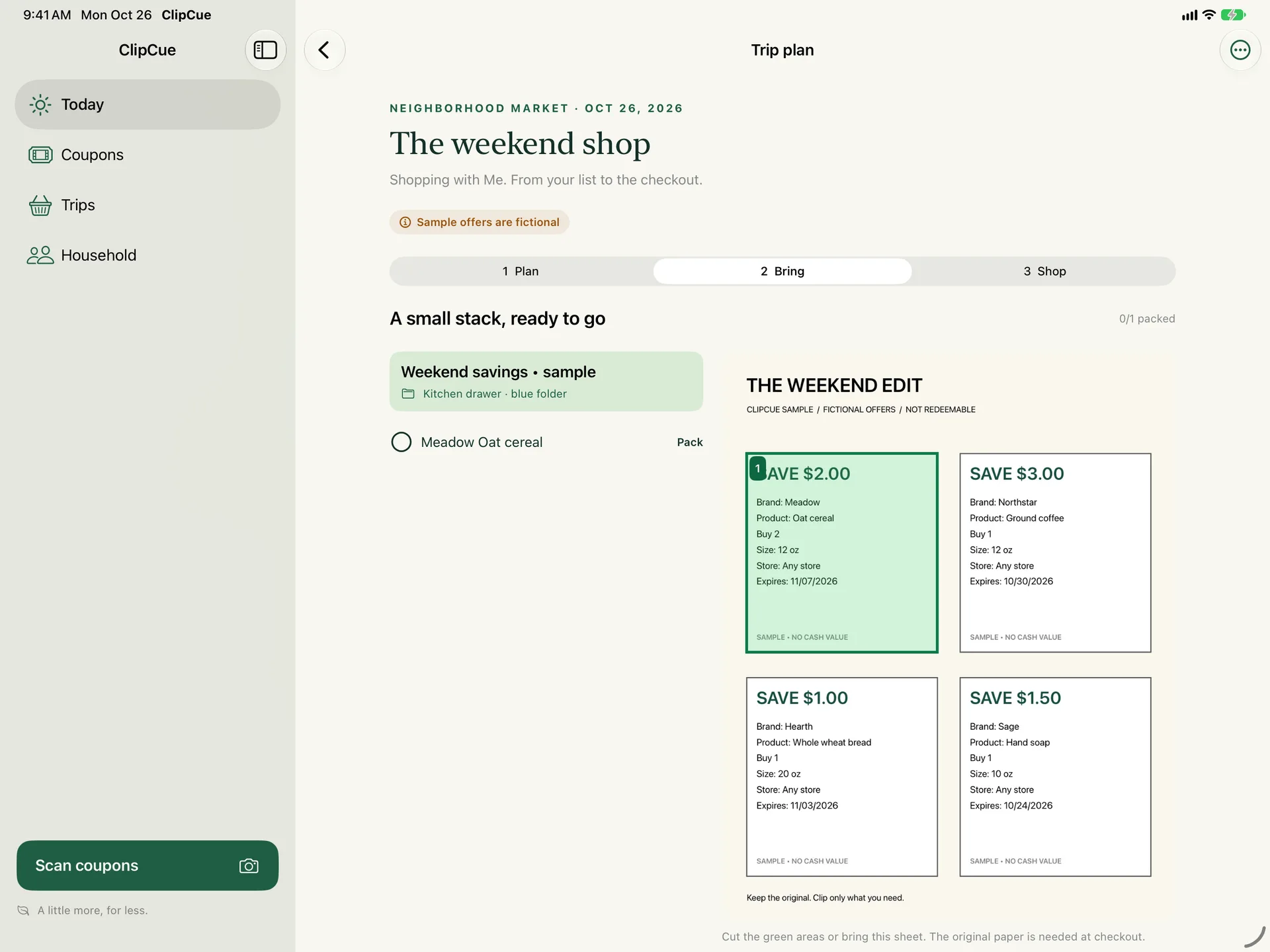 ClipCue on iPad: the trip list beside the original coupon sheet, with the coupon to bring highlighted