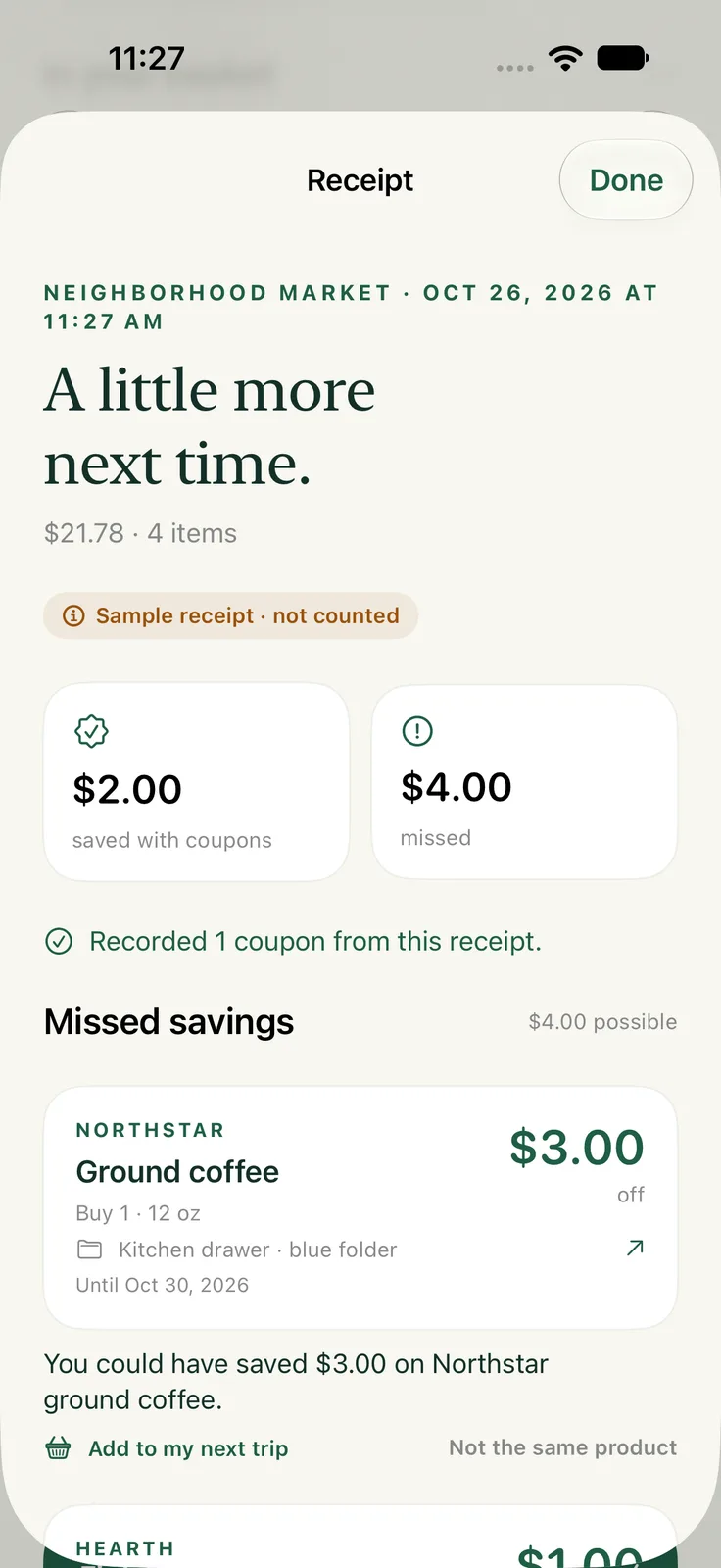 ClipCue on iPhone: a scanned receipt showing savings and a coupon you could have used