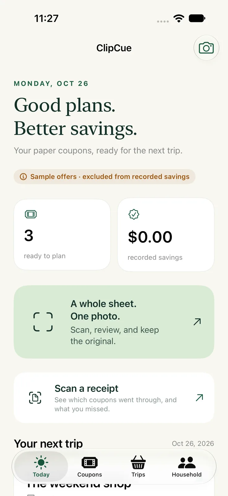 ClipCue on iPhone: the Today screen with coupons ready and the next trip