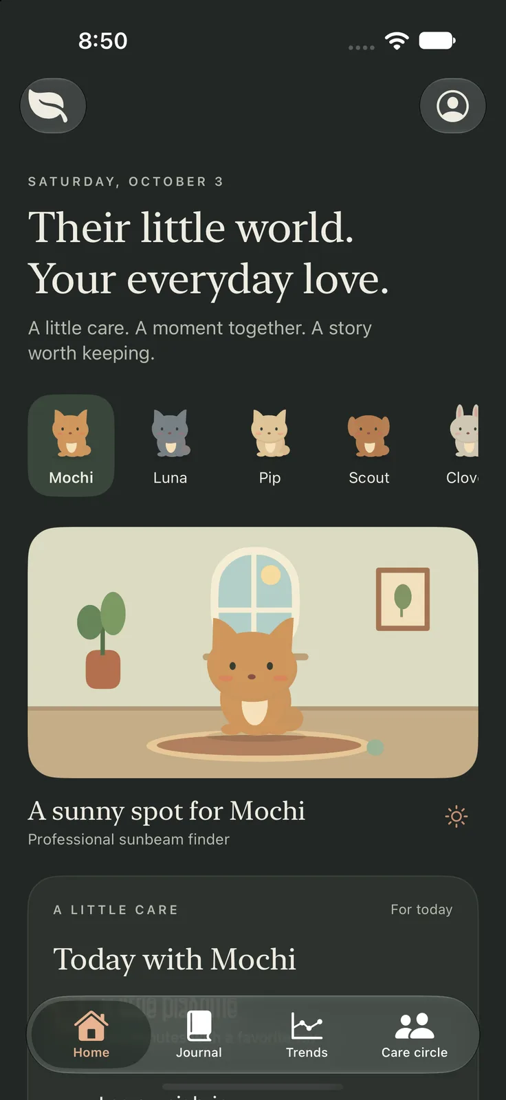 Littlekin on iPhone: the home screen with five pets and today's care for Mochi