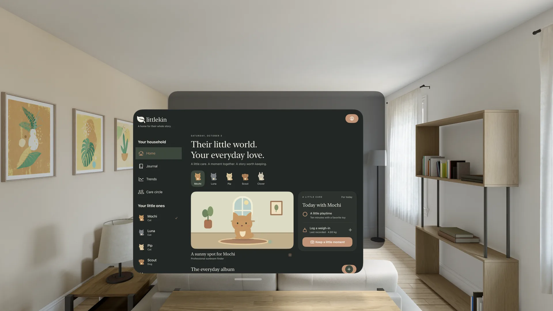 Littlekin on Apple Vision Pro: the household home screen floating in a living room