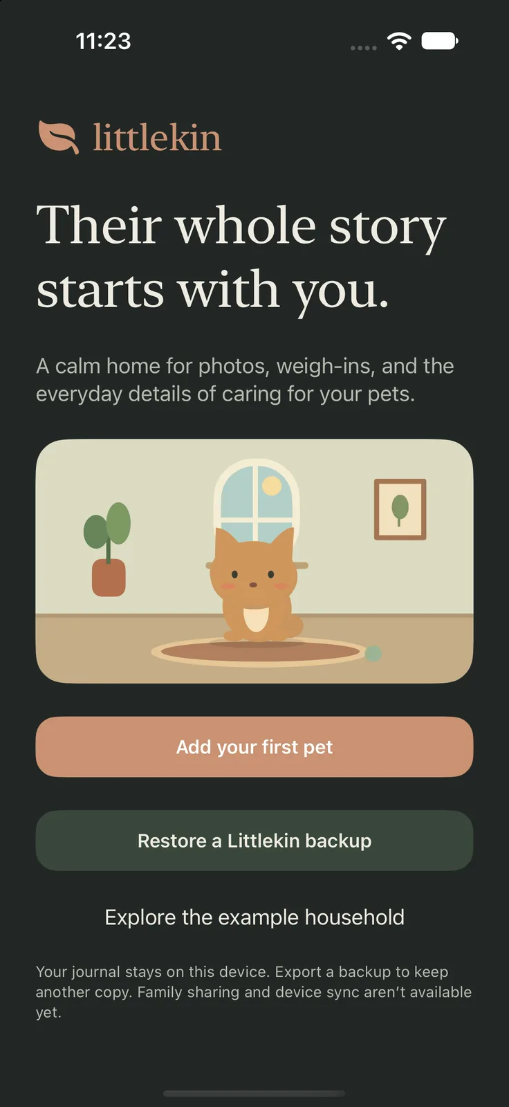 Littlekin on iPhone: the welcome screen, with options to add a pet or explore an example household
