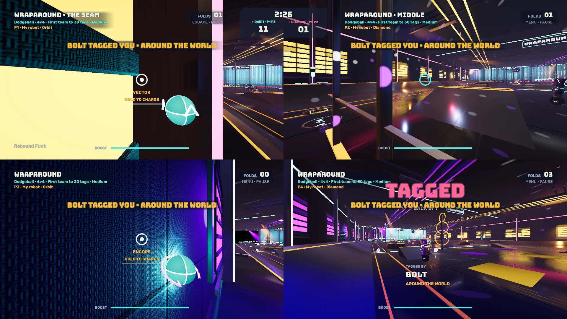 Non-Euclidean Neon Arena: four-player split screen on the Wraparound court