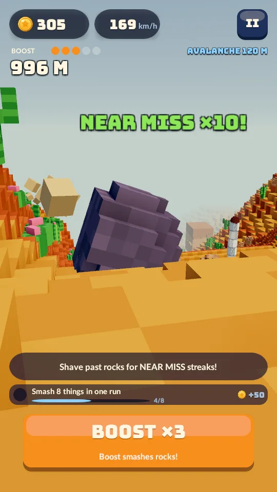 Ram Ramp: a near-miss streak past a rolling boulder