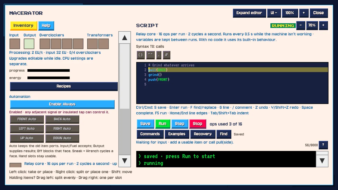 Scriptlands: the in-game script editor running a macerator program