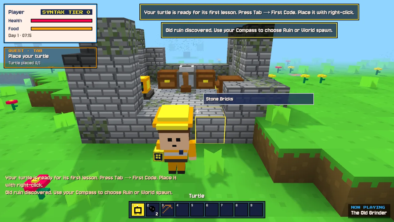 Scriptlands: the player at a stone ruin with chests to loot