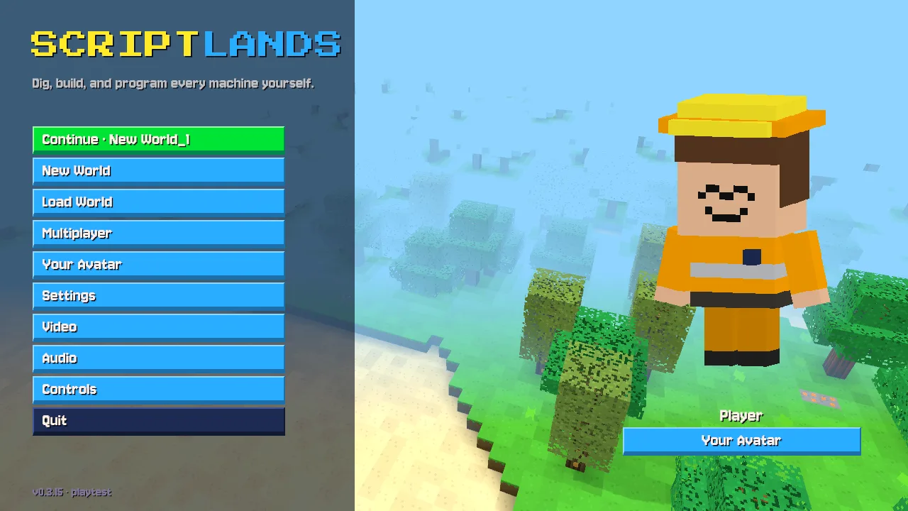 Scriptlands: the title screen with the player avatar