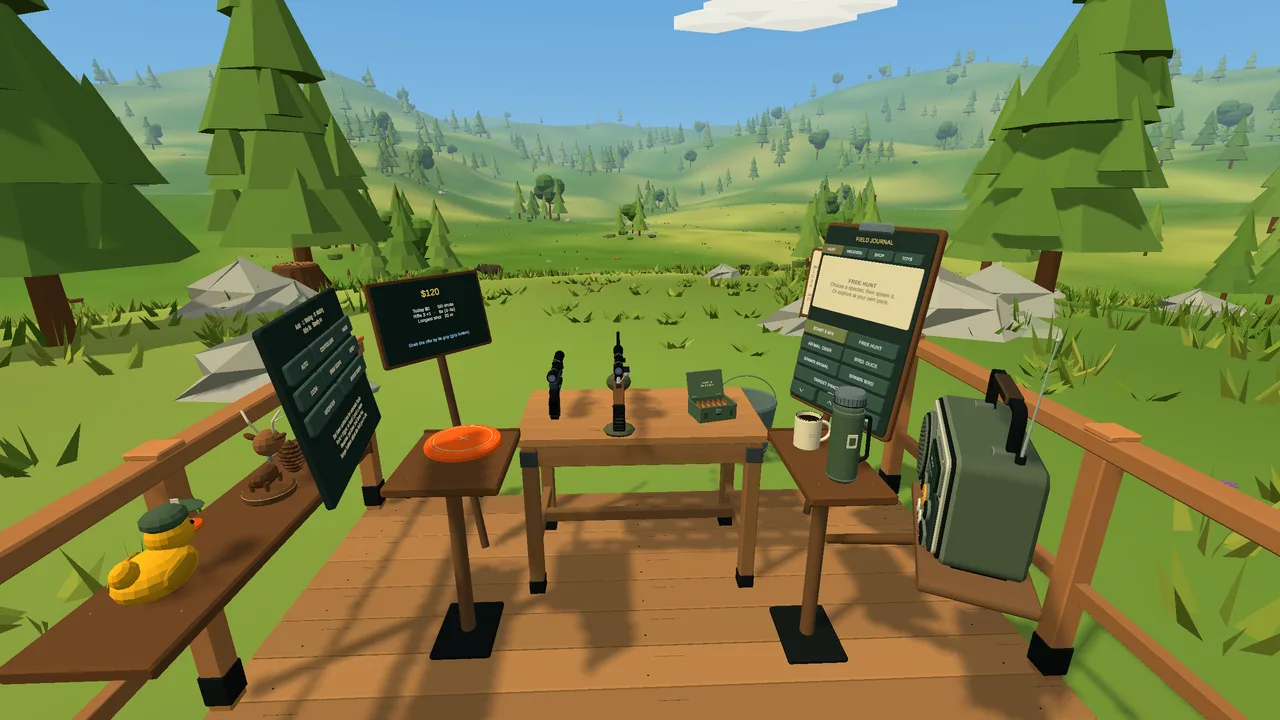 Bolt Action Hunter: the hunting deck with rifle, pistol, coffee and radio above the valley