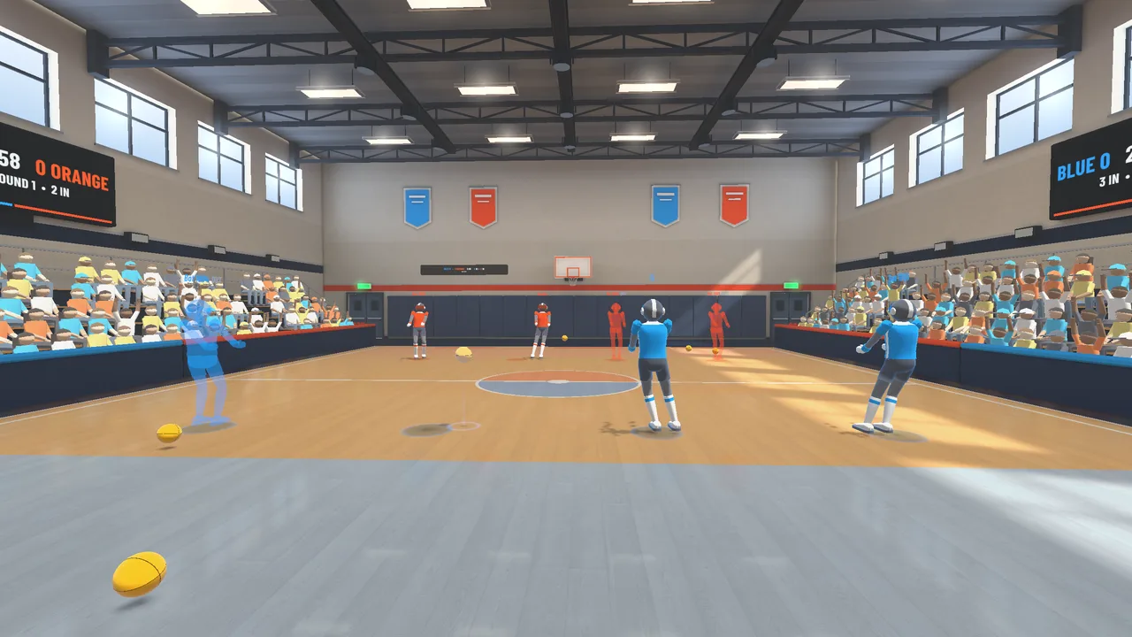 Dodge Court: a dodgeball match in the gym against the orange team