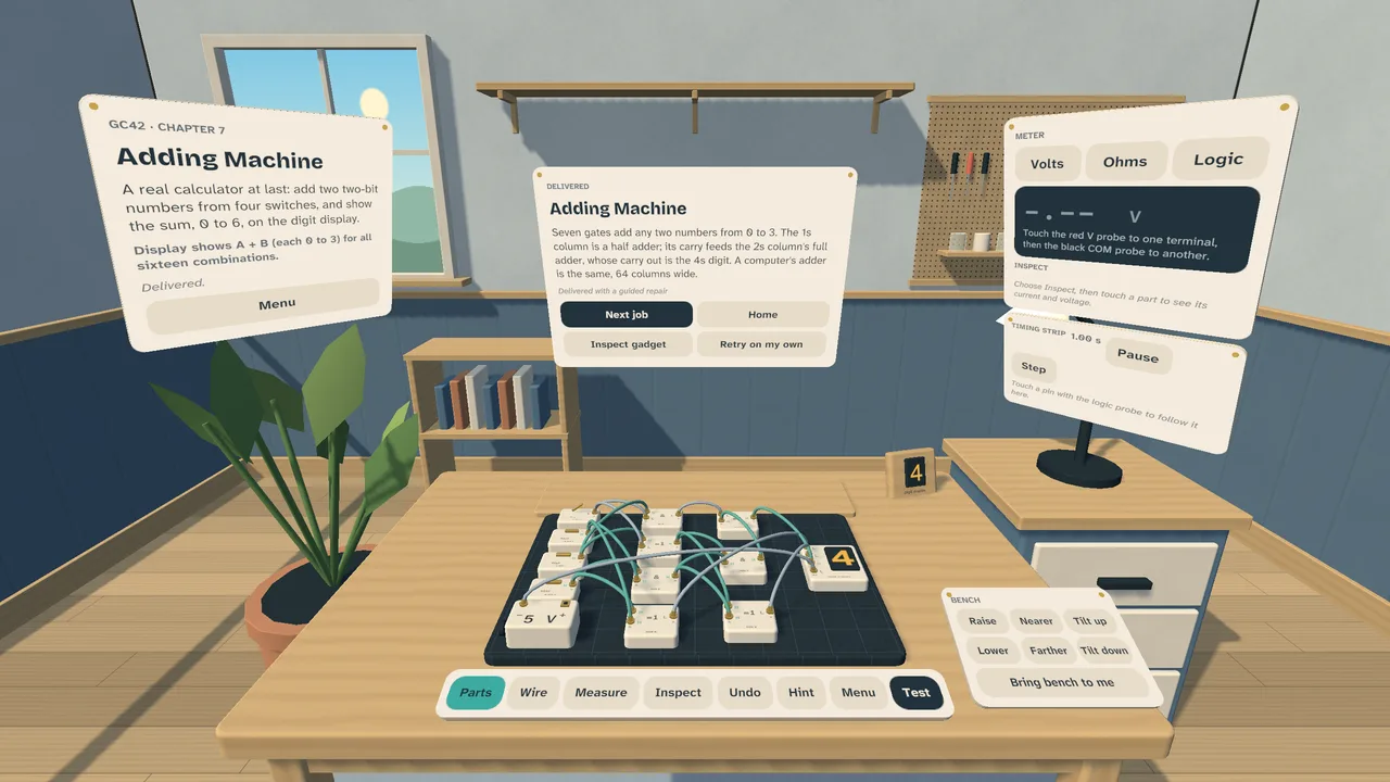 Learn Circuits: a wired adding machine on the workbench, with the job card and meter panel