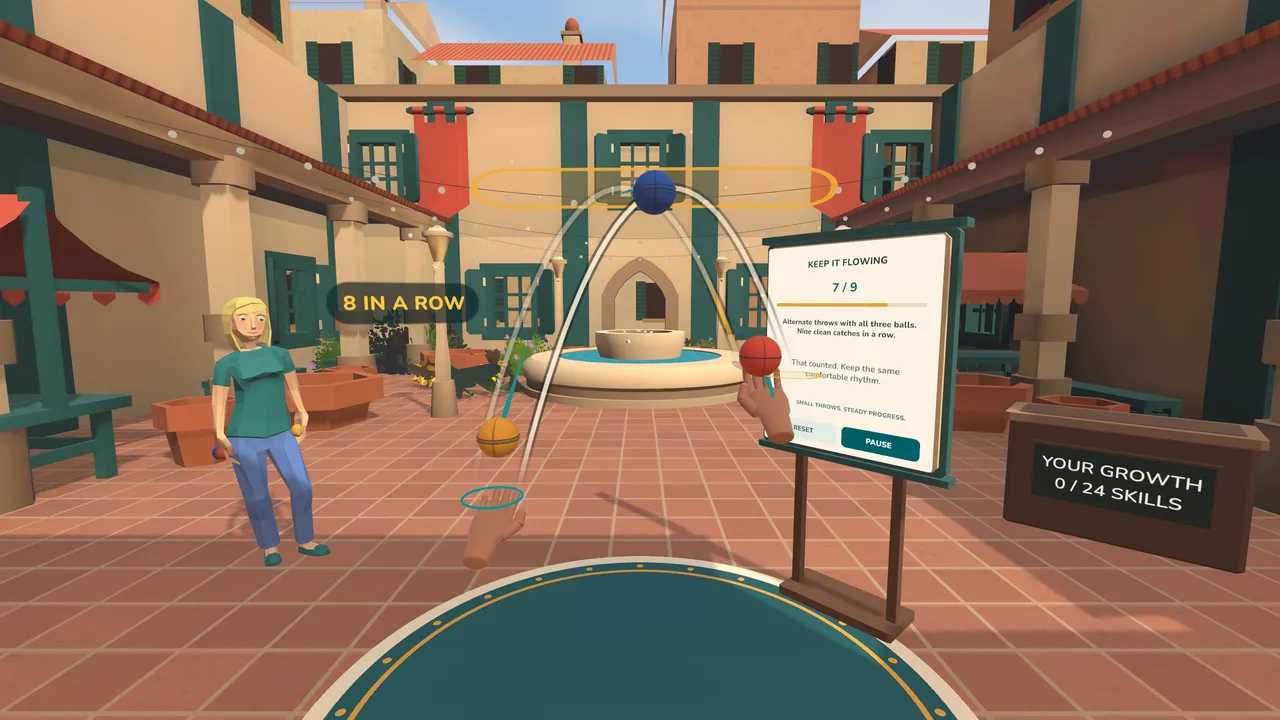 Learn to Juggle: a three-ball cascade in the courtyard, with the teacher watching
