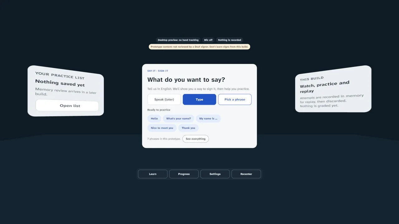 Sign Language XR: the SignCoach home panels asking what you want to say, with phrase choices