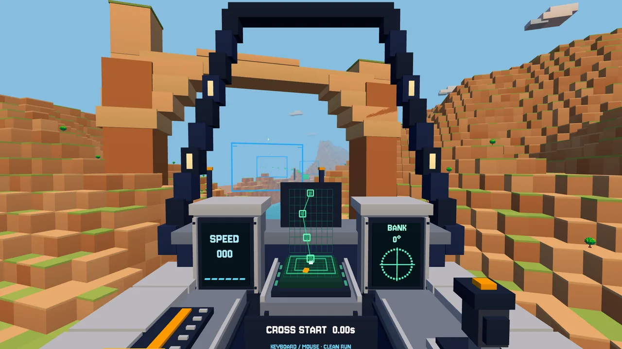 Voxel Flight Racer: the cockpit approaching a rock arch in Sunriver canyon